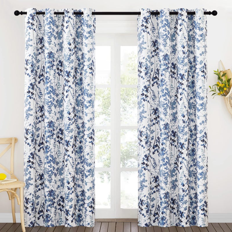 KGORGE Blackout Curtains & Drapes Boho Home/Office Artistic Decor with Vivid Watercolor Floral Painting Thermal Insulated Energy Efficient Shades for Bedroom Living Room (Blue, W 52" x L 84", 1 Pair) - Image 2